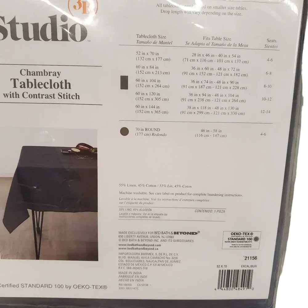 Linen Chambray Blue Tablecloth with Contrast Stitch Excalibur Studio 3B 52 x 70